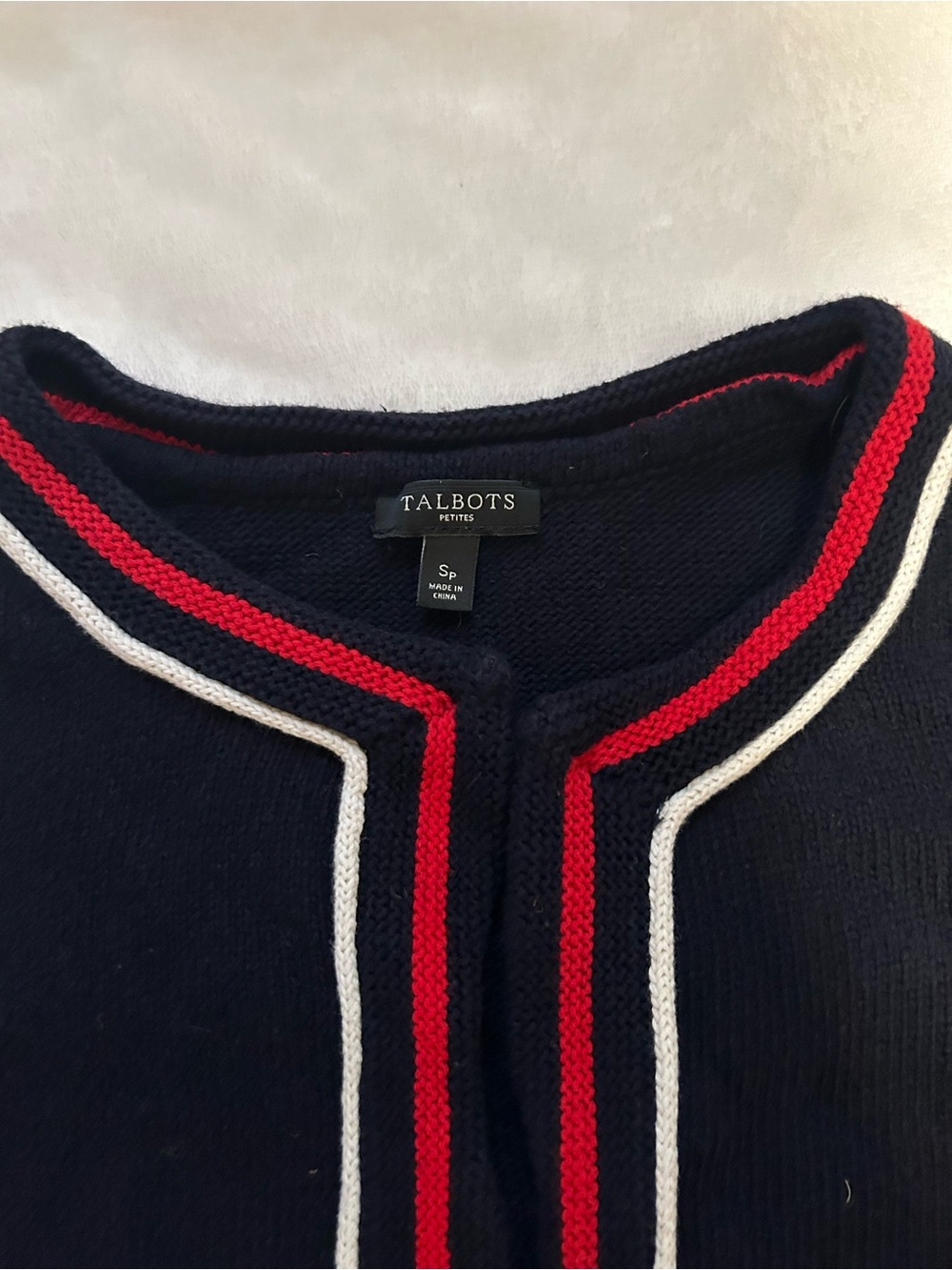 Talbots Navy Open-Front Cardigan with Red and White Trim - Picture 3 of 6